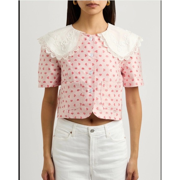 Sister Jane Tops - Sister Jane Pink Heart Woven Lace Collar Top Size M Cottagecore Whimsical